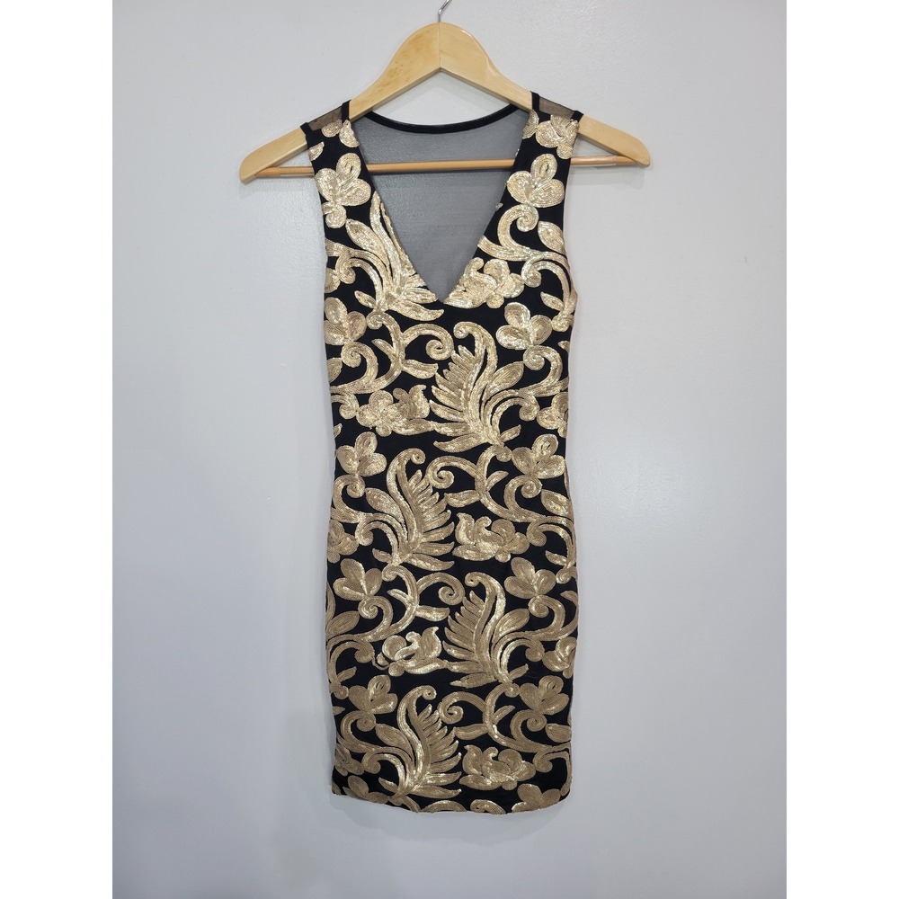 Codigo Black Gold Sequin Mesh V Neck Bodycon Mini Dress Women's‎ Size S